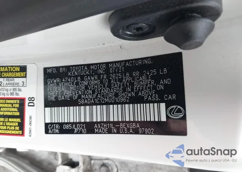 2021 Lexus Es 300H from USA, damaged, VIN 58ADA1C12MU010962